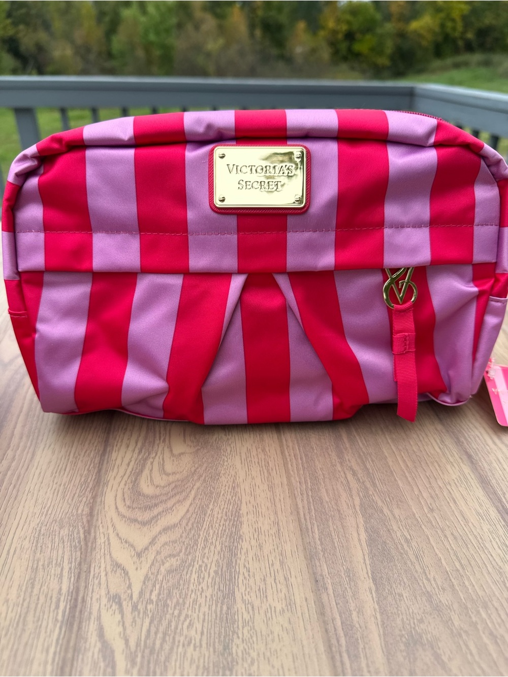 Victoria's Secret Pink & Hot Pink Striped Cosmetic Bag with Gold Plaque